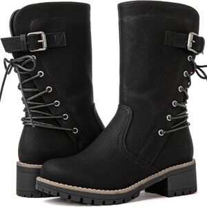 NEW! Women's Biker Boots Lace up Back Mid Calf Motorcycle Fashion Festival Boots